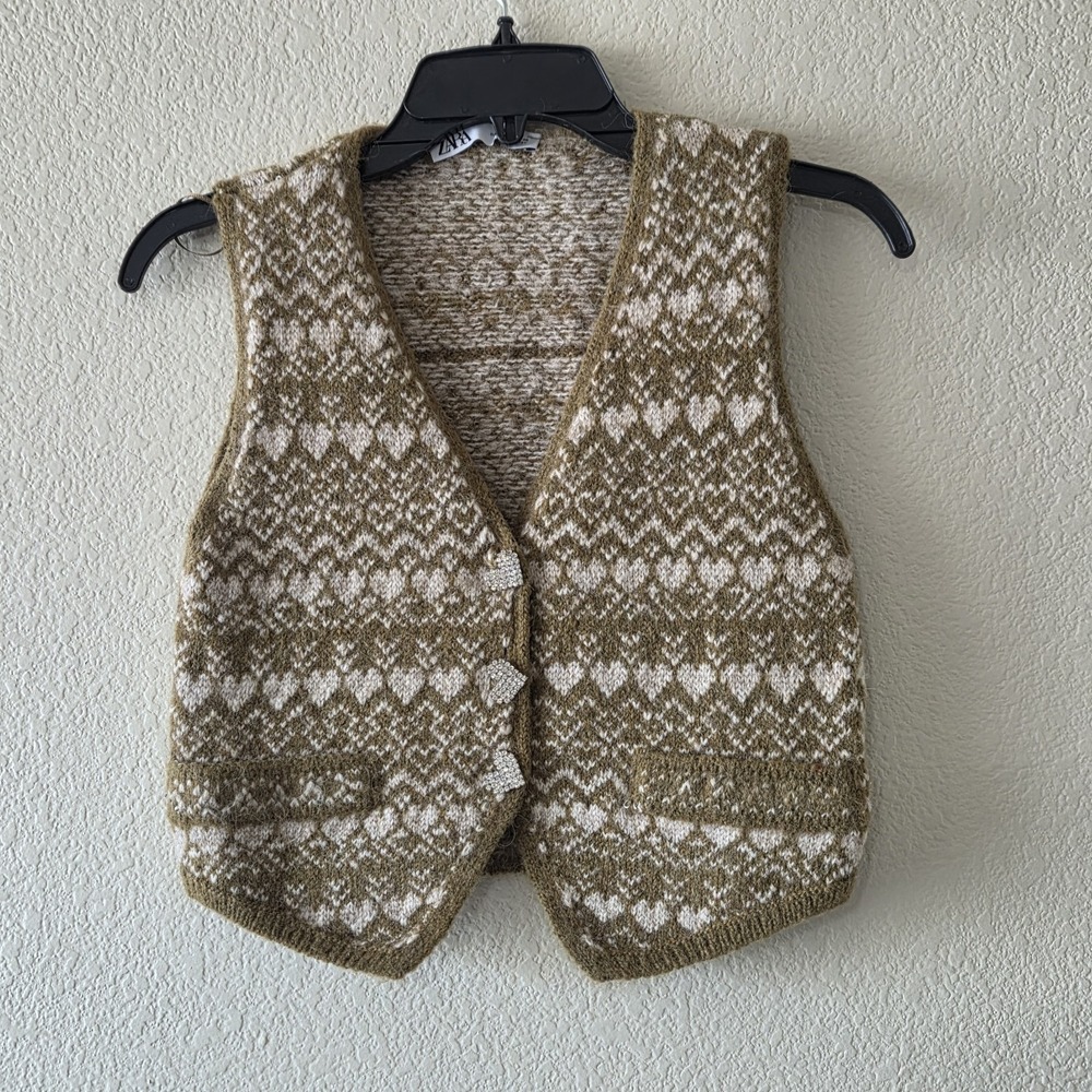 ZARA JEWEL BUTTON JACQUARD VEST SIZE S WOOL BLEND TAN HEARTS ECRU KHAKI